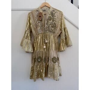 NWT Palak Floral Sequin Textured Mini Dress Womens One Size Gold Boho Chic Flowy